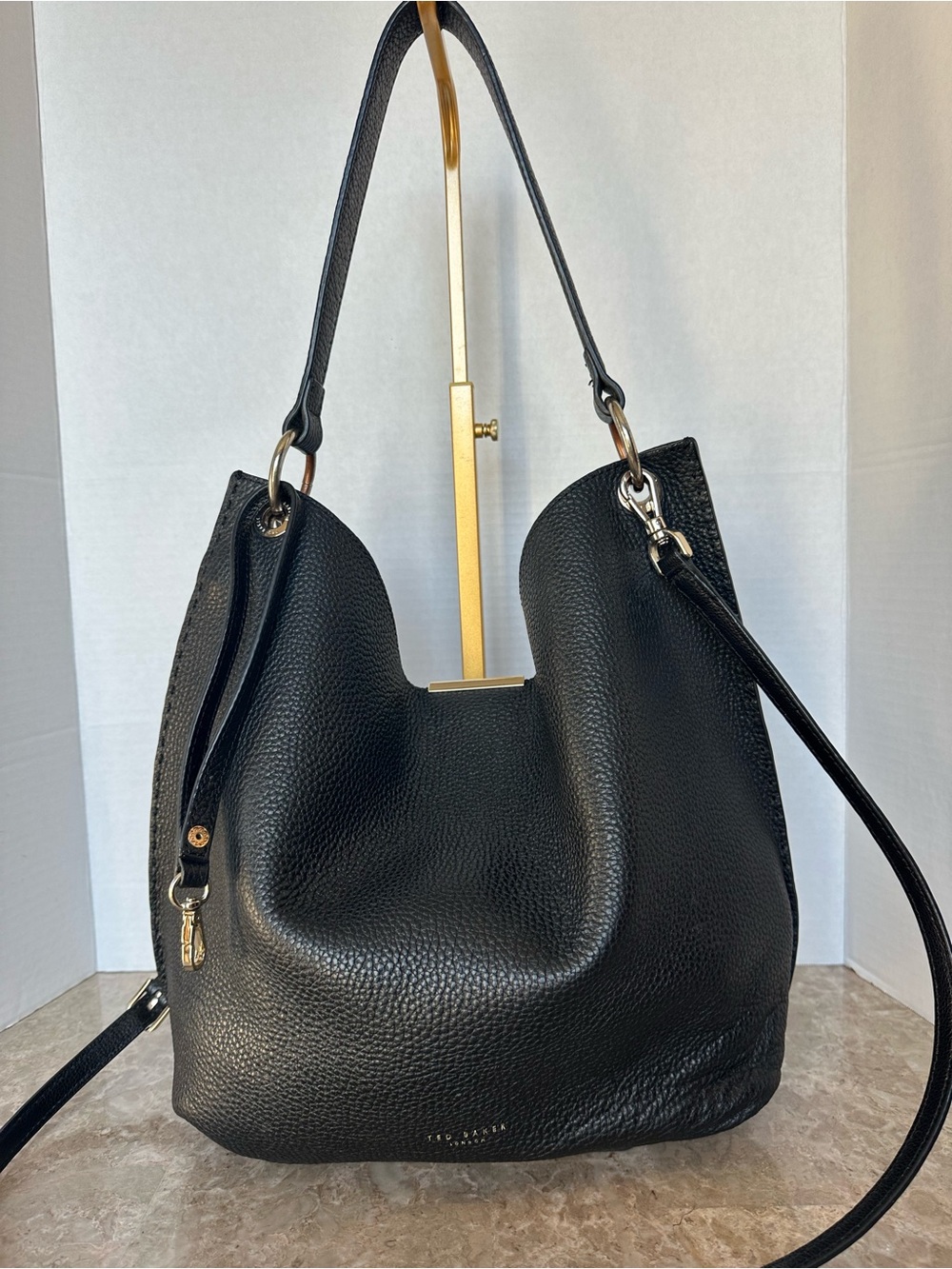 Ted Baker Black Leather Slouchy Bucket Shoulder Bag Crossbody Edgy Chic Purse